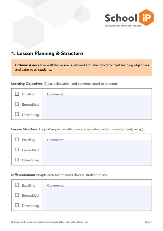 First page of Template - Lesson Observation